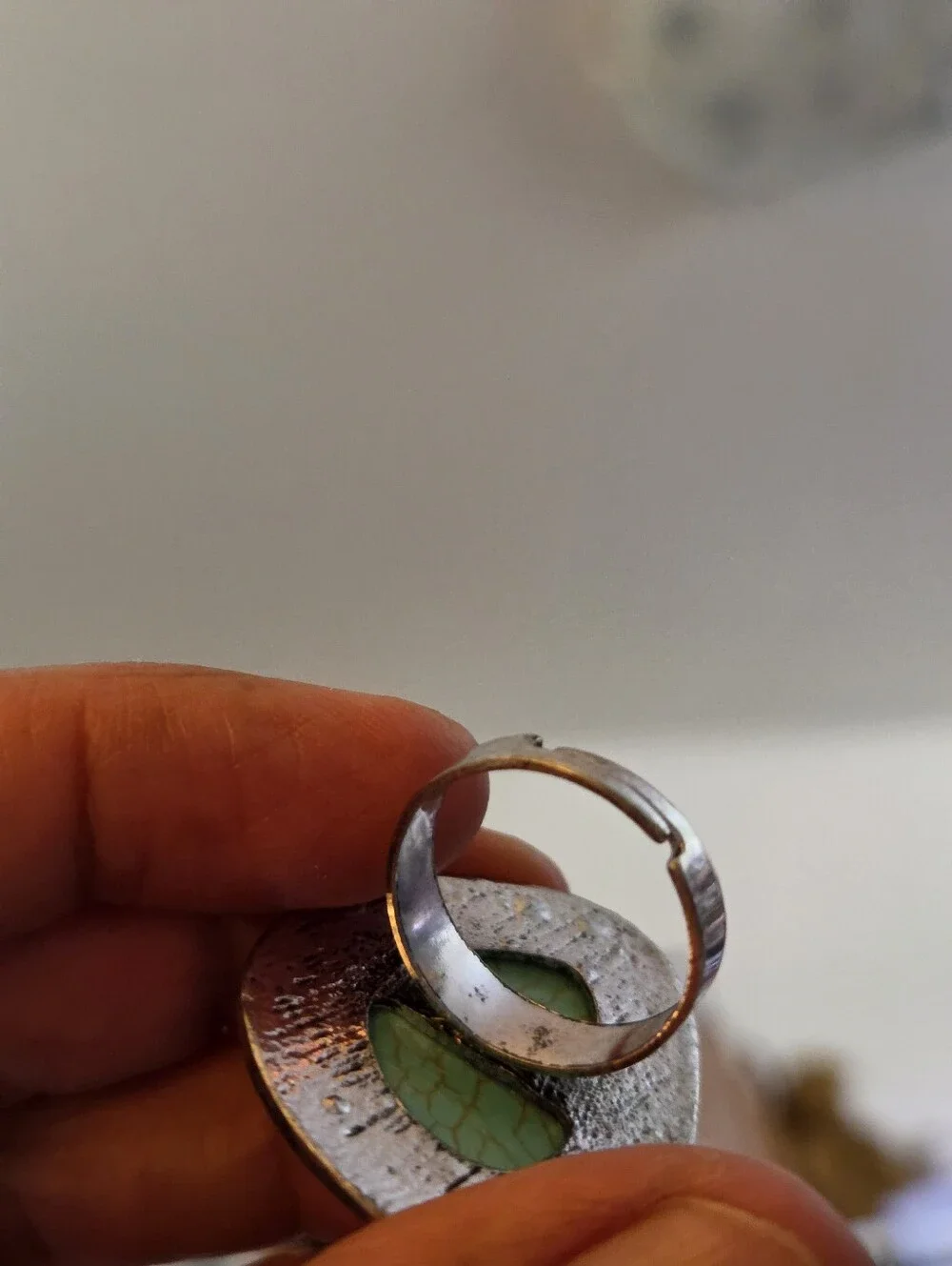 Artisan Faux Turquoise Silver Marbled Ring Size 9 Adjustable Statement Ring